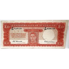 AUSTRALIA 1952 . TEN 10 POUNDS BANKNOTE . COOMBS/WILSON . LAST PREFIX V24